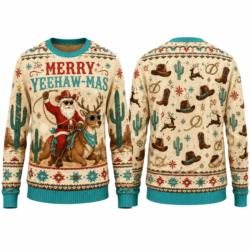 Yeehaw Holidays Santa Reindeer Sweatshirt 3D All Over Print Unisex Crew Neck Long Sleeve Western Ugly Christmas Party Xmas Shirt