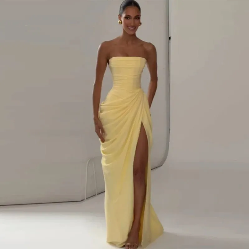 우아한 높은 허리 Bodycon 맥시 드레스 Strapless Pleated 밑단 코르셋 파티 가운 럭셔리 Vestidos 2026 신사 숙녀 이브닝 가운