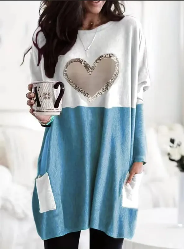 2024 Plus Size Europe And The United States Autumn Love Printed Round Neck Loose Color Contrast Long Sleeve T-Shirt Women — image 8