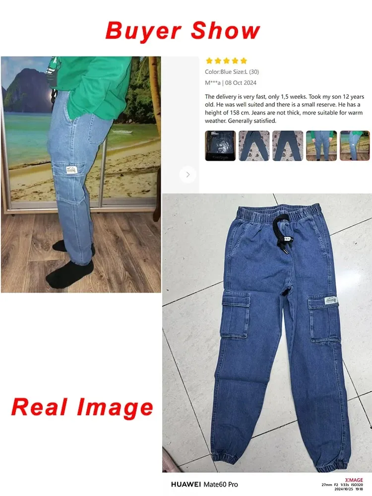Erkek Jogger Jeans Yıkanmış Pamuk Hafif Streç Çok Cepli Denim Kargo Pantolon Asya Boyutu L-6XL — image 3