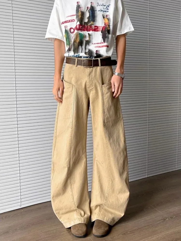 2025 Chic Y2K Fashion Khaki Patchwork Pleated Baggy Jeans Pants For Men Clothing Wide Leg Casual Loose Long Trousers Ropa Hombre — image 3