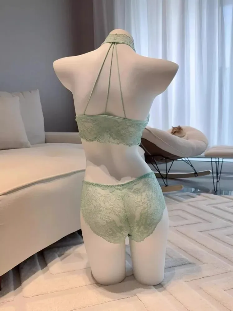 Mint Green Halter Neck Bra Set Wireless Lace Lingerie Adjustable Pads Heart-Shaped Back for Women Innerwear & Outerwear — image 3
