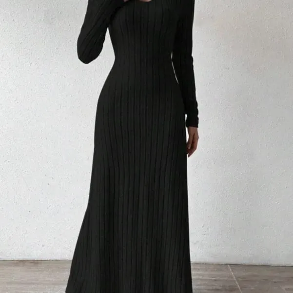Fashionable Knitted Long Sleeve A-Line Dress Slim Fit Solid Color Street Style Women's Dress Comfortable Casual Elegant Commute — image 3