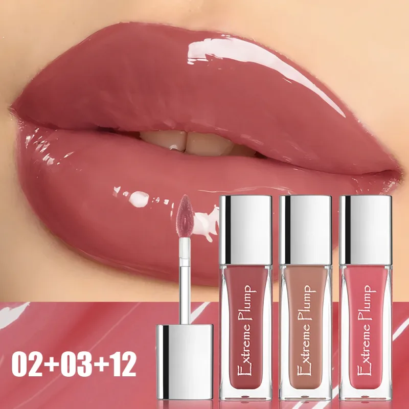 3 db Extreme Plump ajakfény szett Mirror Glass Finish Hosszan tartó hidratáló ajakmáz Nem ragadós vízálló Nude folyékony rúzs — image 3
