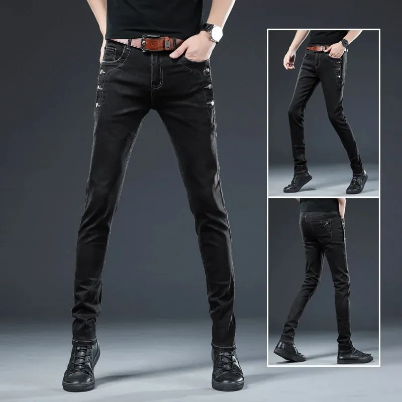 New Men Slim Button Black Skinny Jeans Solid Color Stretch Skateboard Multi-button Youth Male Denim Pants — image 6