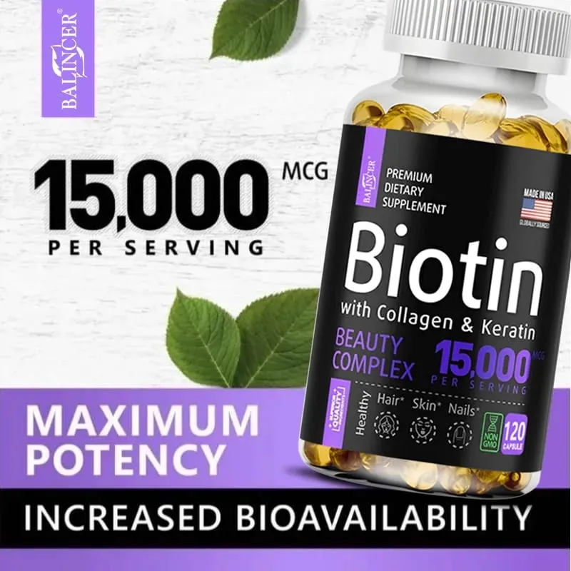 Biotin Supplement - 15 000 Mcg with Collagen and Keratin Vitamins Shiny Hair Skin and Nails Joint Health 30/60/120 Capsules — image 1