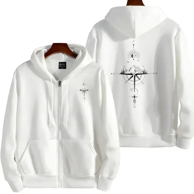 Vintage Compass Print Bluzy z kapturem na zamek dla mężczyzn Wysokiej jakości bluza z kapturem i długim rękawem Zima Codzienny Casual Topy sportowe Odzież męska — image 5