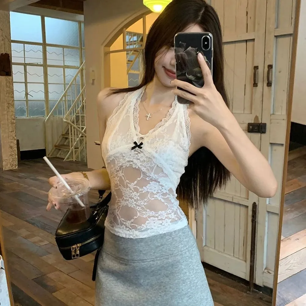 Elegant Mesh Lace Halter Vest V-neck Beachwear Lace-up Short Shirt Streetwear Spicy Girl Style Sweet Floral Camisole Party