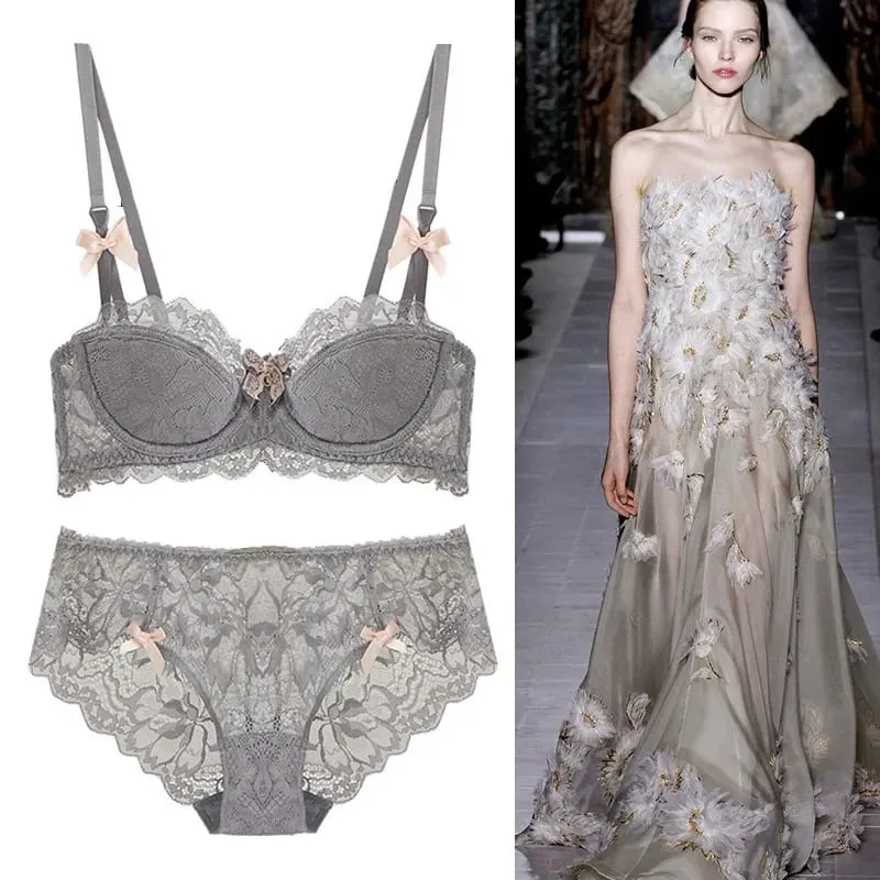 Modest French Pure Desire Bralette AB Cup Couverture complète Soutien-gorge en dentelle et ensemble Petit buste Push Up sans fil pour fille potelée Bow Grande taille — image 6