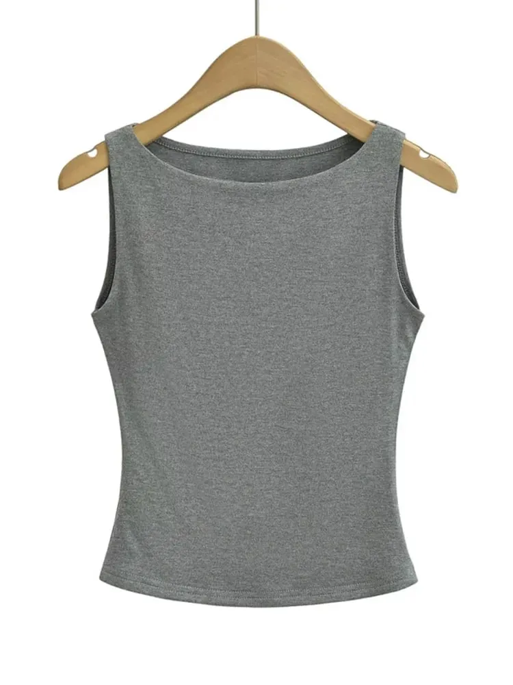 Women Double Layer Boat Neck Soft Slinky Tank Top