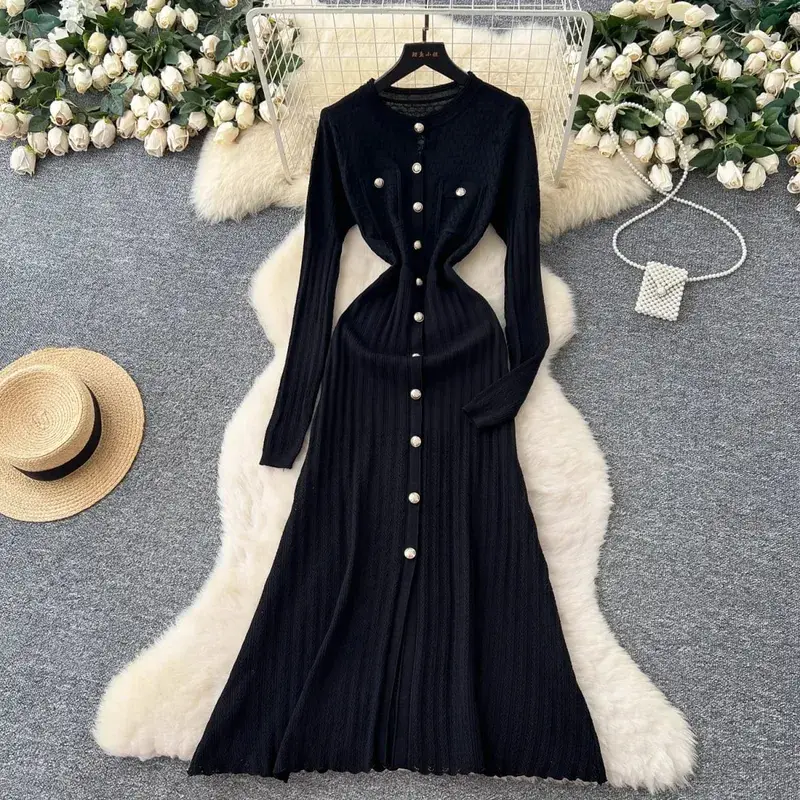 YuooMuoo Brand Fashion Aesthetic Patchwork Knitted Maxi Dress Autumn Winter Women Luxury Shirt Sweater Dress Office Lady Vestido — image 3