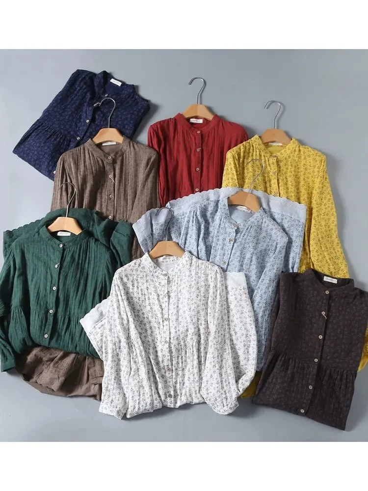 8 Colors -- Lamtrip-Retro Floral Cotton Yarn Long Sleeve Single Breasted Robe Casual Soft House Dress 2025 Spring — image 4