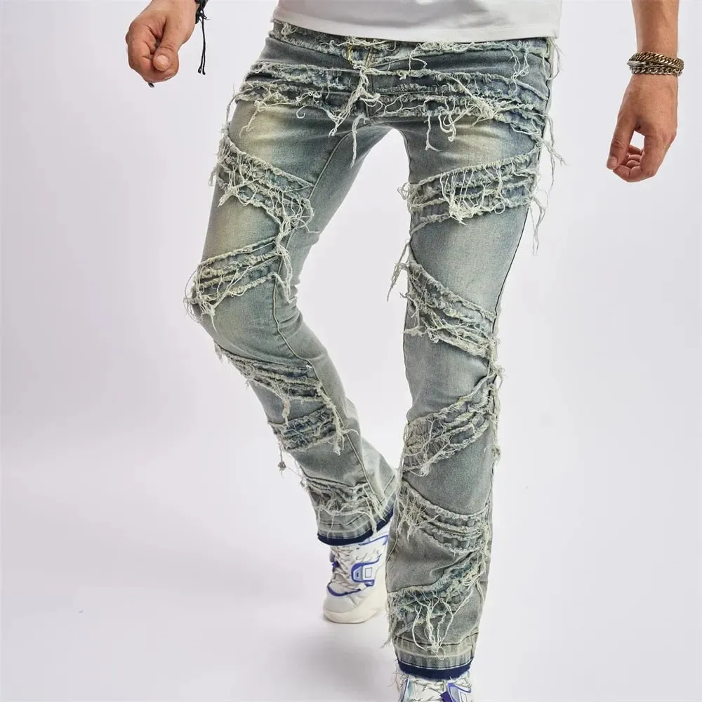 Ripped Men's Jeans Stretchy Denim Streetwear Tearing Patchwork Holes Ripped Denim Loose Casual Pants Slim Fit Straight Trousers — image 8