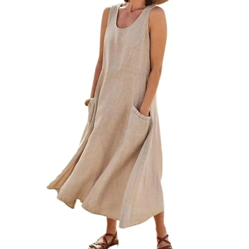 Sleeveless Suspenders Cotton Linen Dress Women Side Double Pocket Splicing Solid Color Dresses Women Summer Casual Commuter Gown — image 1