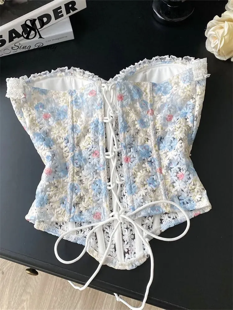 INS Strapless 3D Floral Camisole 2025 Summer Corset Slim Backless Tank Top Sheer Lace Up Holiday Sexy Embroidery Top — image 2