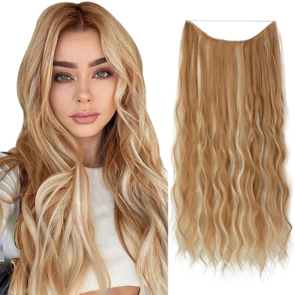 Synthetic Wave Invisible Wire With Clips Hair Extensions Fish Line Natural Blonde Clip In Hairpiece Fake Hair Piece — image 15