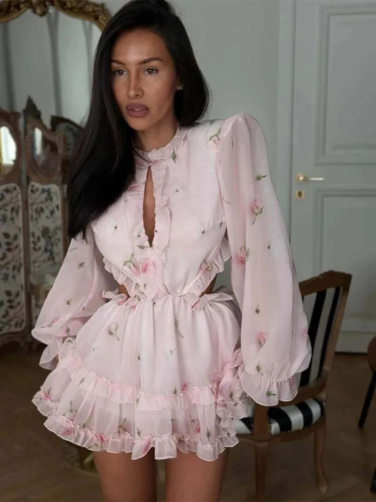 Gaun Mini Punggung Terbuka Motif Bunga Gaun A-line Ruffle Lengan Panjang Leher O Elegan Wanita Gaun Liburan Wanita Chic Musim Panas — image 2