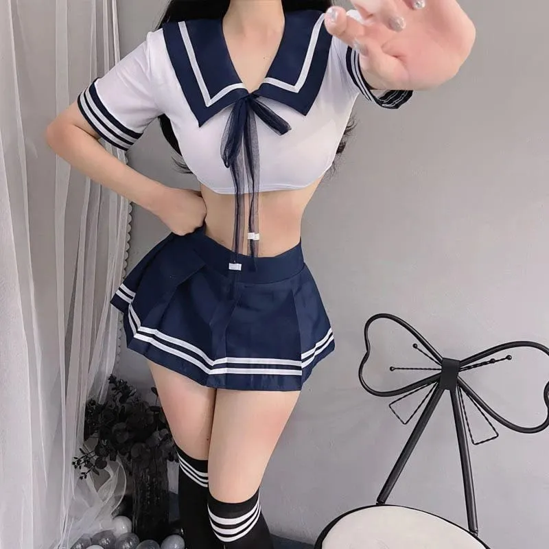 Women Uniform Set Bow Bra Crop Top Porn Open Ass JK Pleated Skirt Lolita Role Play Costume Sexy Lingerie 3 Piece Set With Thong — image 5
