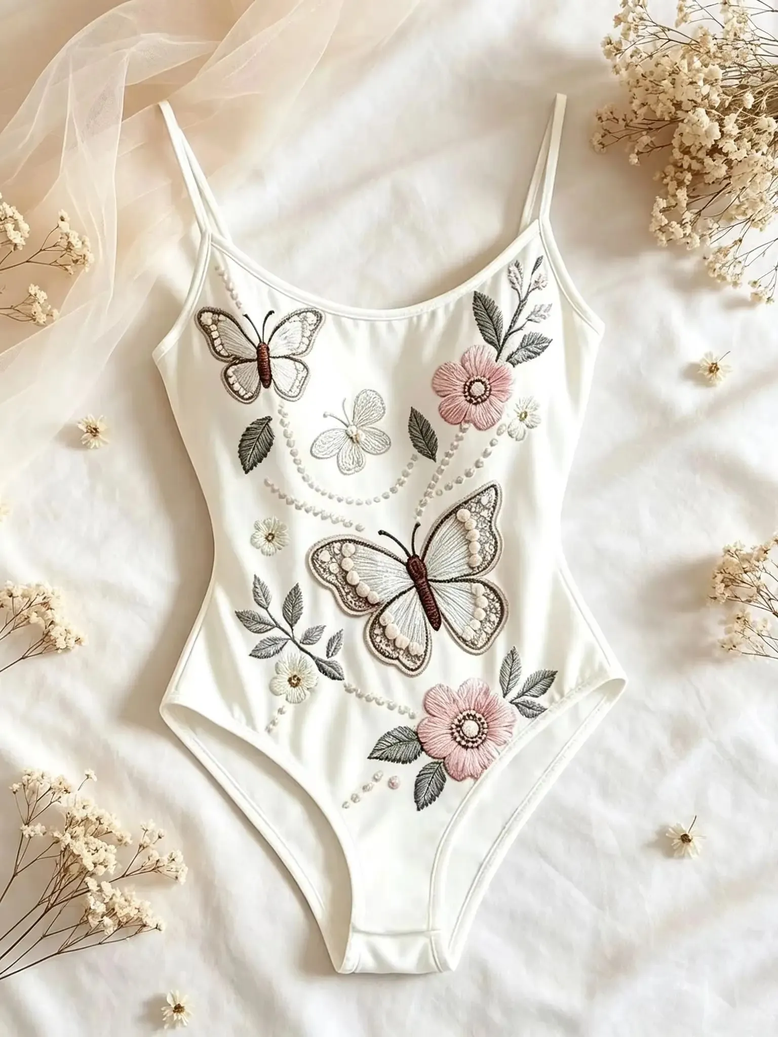 Elegant Butterfly Floral Embroidery Bodysuit Women Spaghetti Strap Slim High‑Cut One‑Piece Bodycon Jumpsuit
