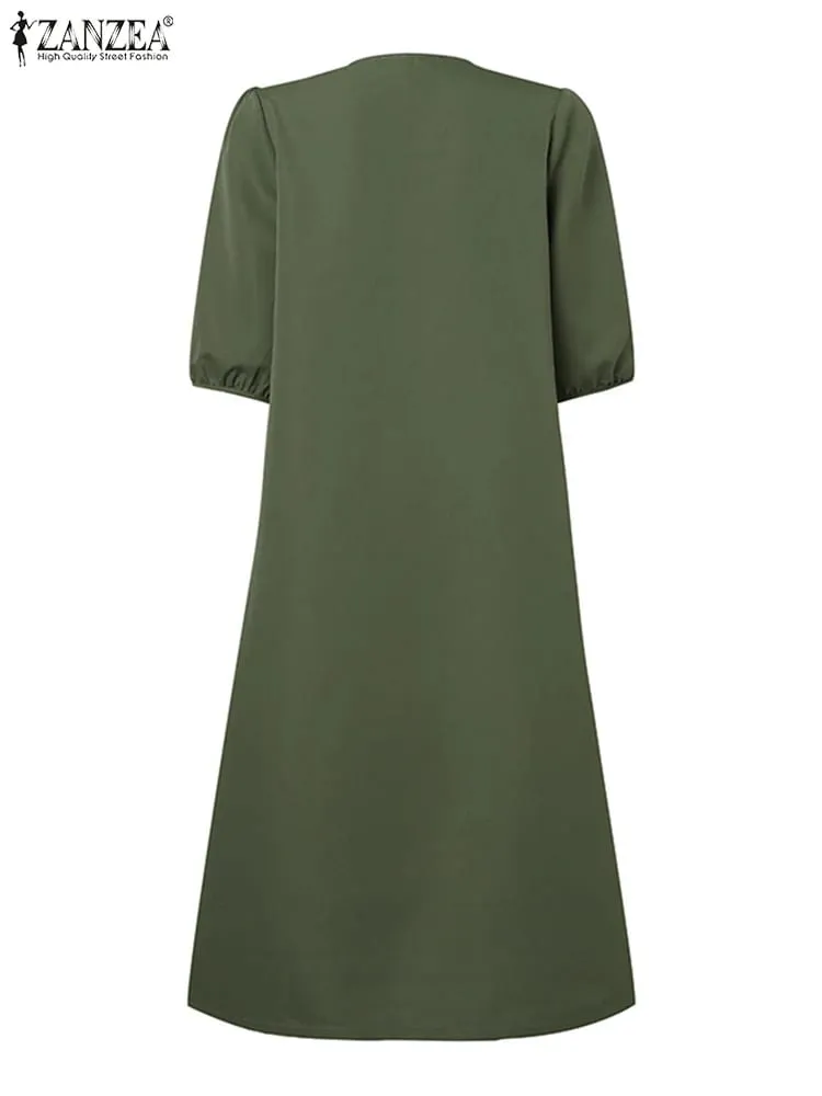 Women V Neck A-line Vestidos Solid Holiday Casual 2024 Summer Dresses Commute Half Sleeve Floral Embroidery Midi Dress — image 5