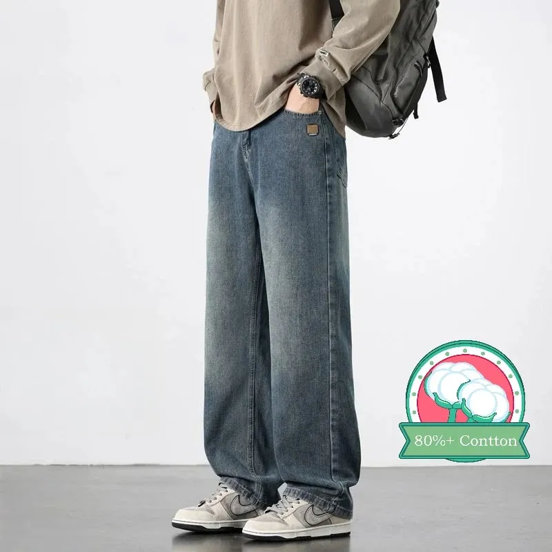 Spring Autumn New Men's Straight Vintage Fit Jeans Casual Trousers High Quality Male Korean Fashion Baggy Wide Leg Denim Pants — image 1