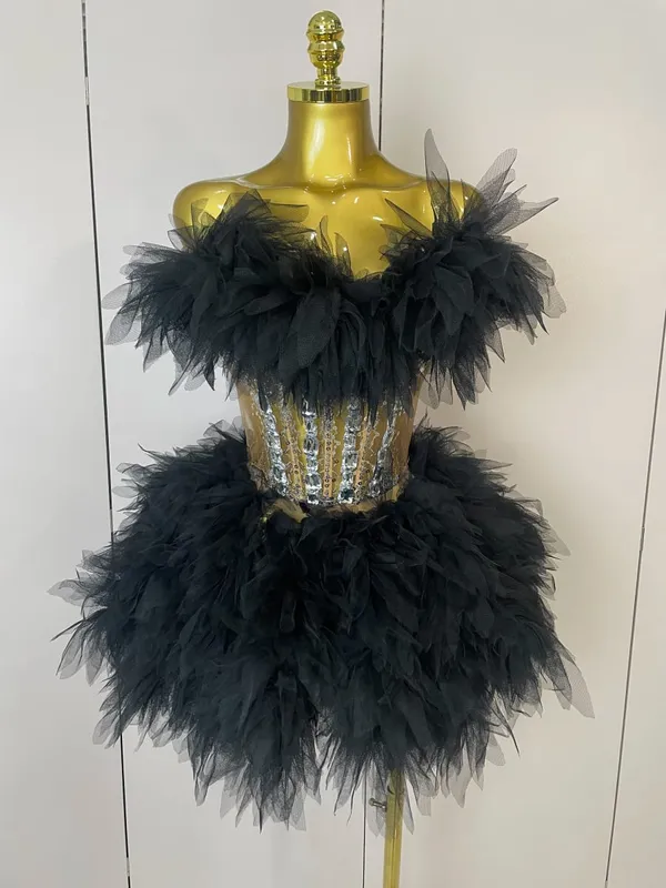 2025Women Sexy Backless Strap Mesh Fluffy Skirt 2 Pieces Diamond Sequins Stage Performance Costume Birthday Party Shooting Dress — image 4