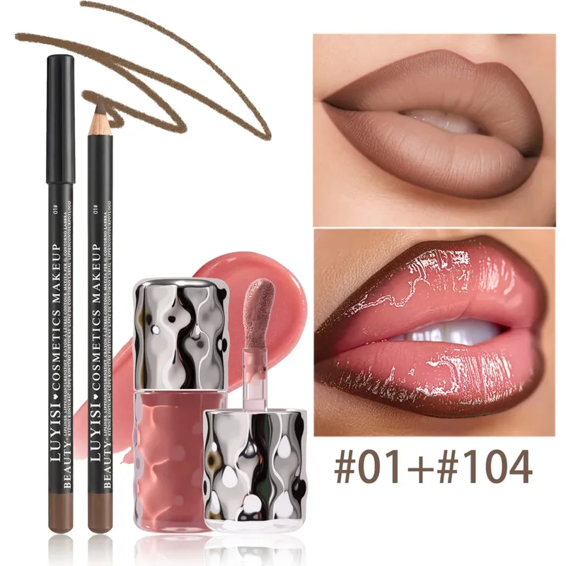 Dairy Lip Kit Set-1pc Matte Lip Liner+1pc Hydrating Lip Gloss Assorted Color Velvet Definition&Glassy Shine Nourishing Formula