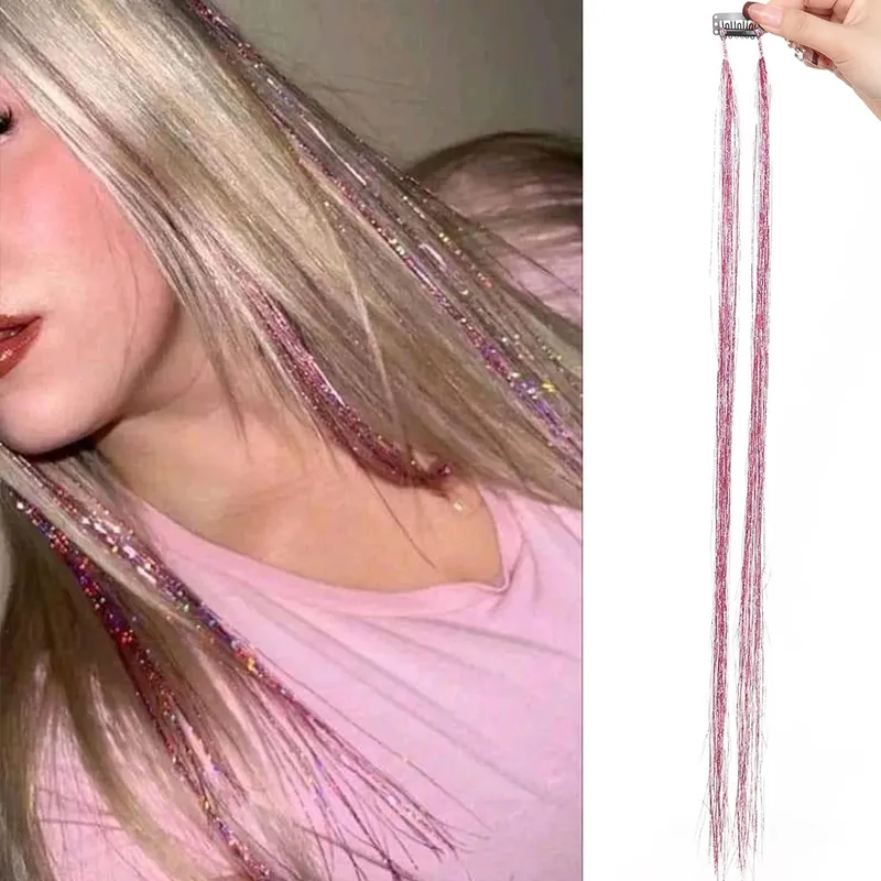 24 tommer 1 stk farvet hårforlængelse med glitter Langt lige hårstykke Farvefest Highlights klip i syntetisk hårforlængelse — image 13