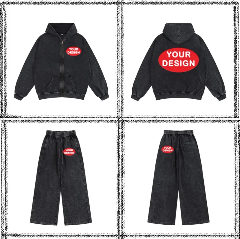 Wax Dyed Wool Zipper Hooded Sweatshirt Pants Set Custom Logo Printing Embroidery Retro Washed Old Street Set — image 18