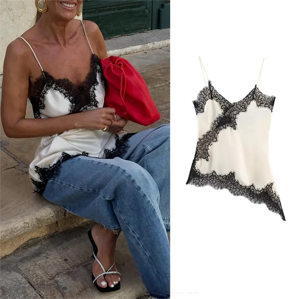 Sexy Chic Black Lace Cami Tops Women V Neck Patchwork Sleeveless Y2K Girl Top Fashion 2025 Summer Fall Holiday Beach Top — image 8