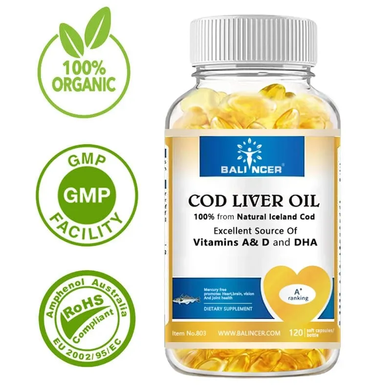 Cod Liver Oil Capsules Vitamins A & D and DHA Support Stress Relief Strengthen The Brain Bones Improve Memory and Intelligence — image 1