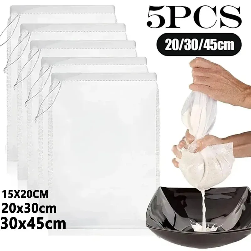 1/5Pcs Reusable Nut Milk Bags Strainers Unbleached Nylon Cheesecloth Bag Food Cheese Yogurt Filter Kitchen Fine Mesh Strainer — image 2