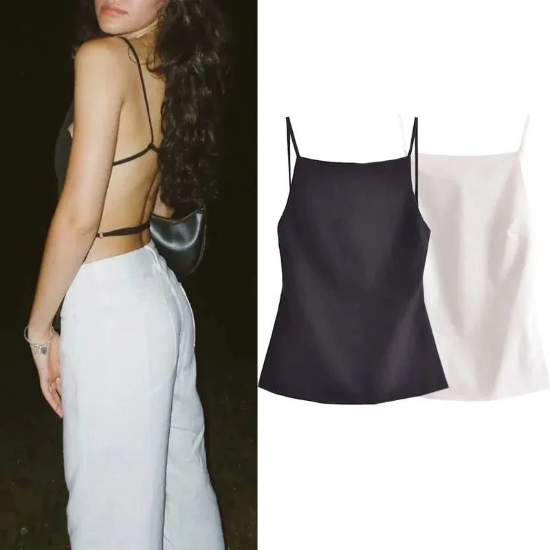 2025 Black Backless Top Female White Sleeveless Crop Top With Straps Summer Sexy Tops Woman Party Women's Evening Top