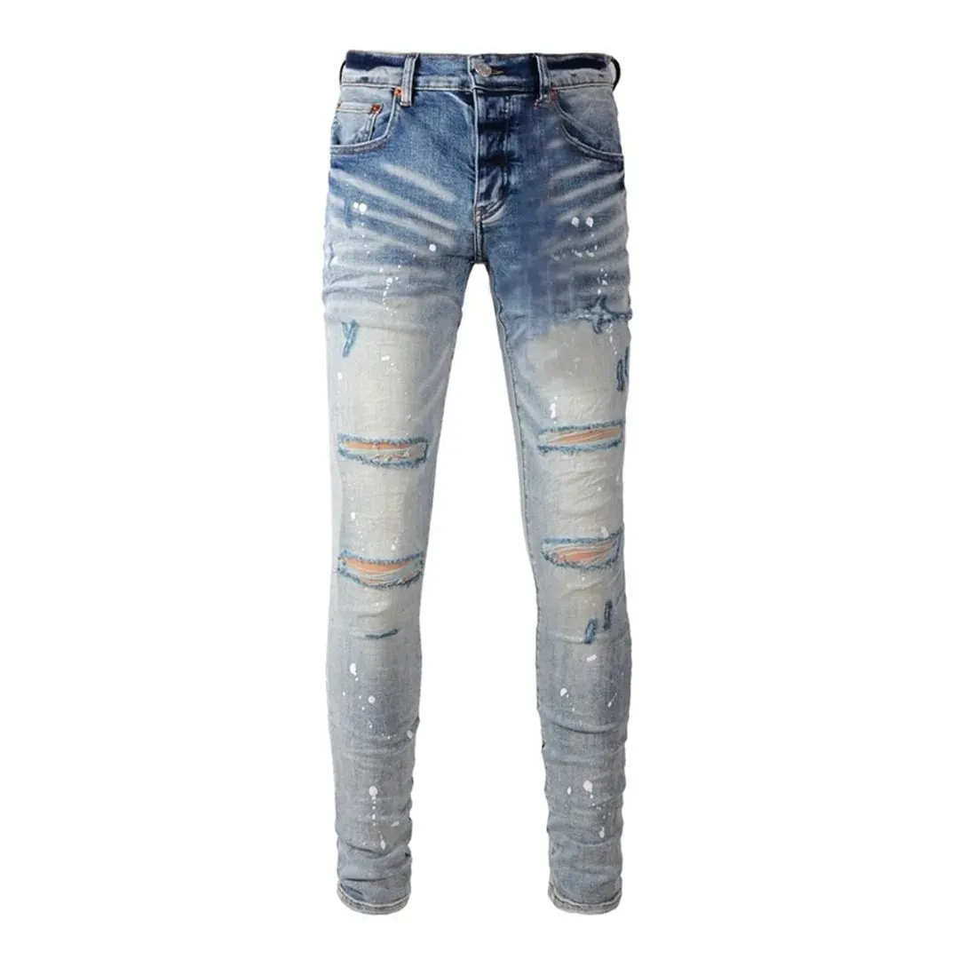 High Street Men's Jeans American Distressed Dark Black Coated Blank Stretch Skinny Button Fly Ripped Pants Trousers — image 11