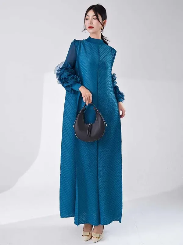 Long Pleated Dress With Ruffles Sleeves Loose Solid Color Stitching Female Party Clothing Summer New Clothes 2DA5900 — image 3