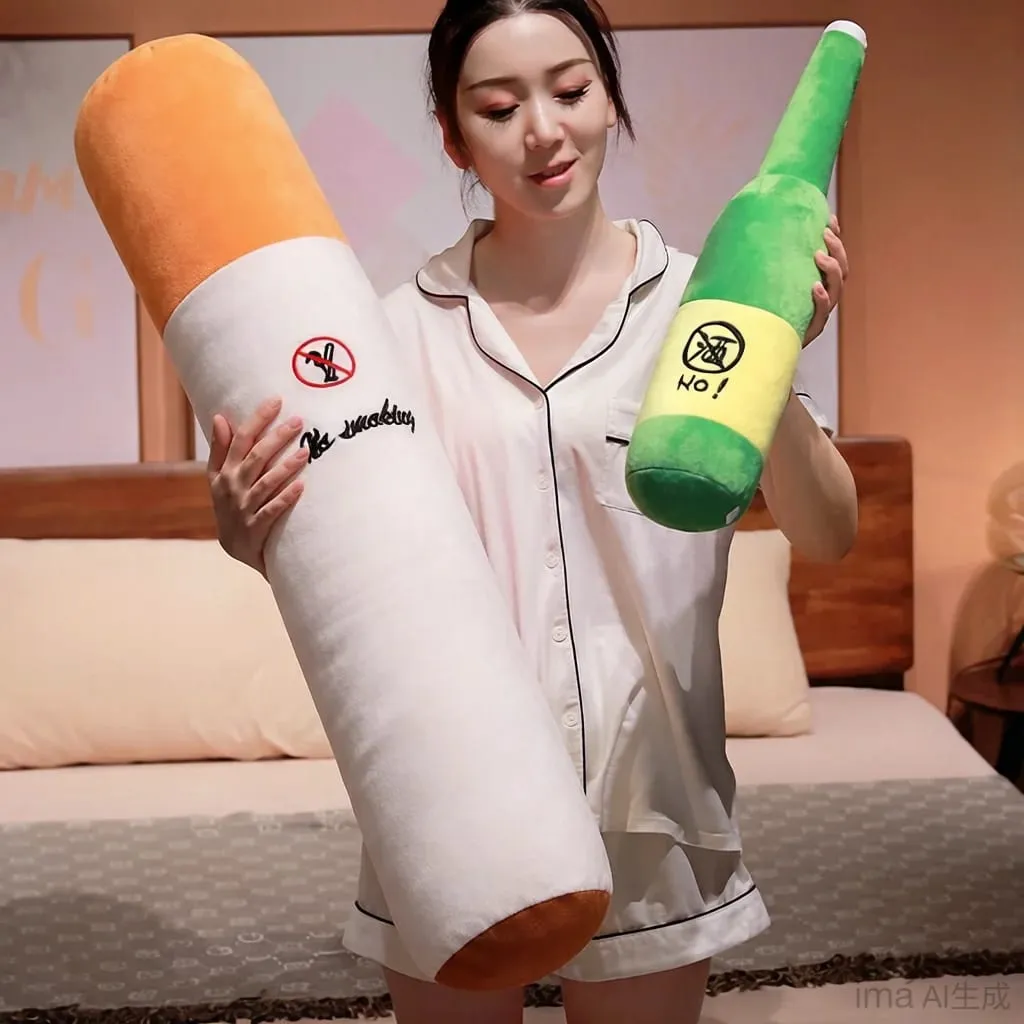 30/50cm No Smoking Cigarette Green Wine Bottle Stuffed Plush Toy Creative Funny Like Real Man Plushie Prop Gift
