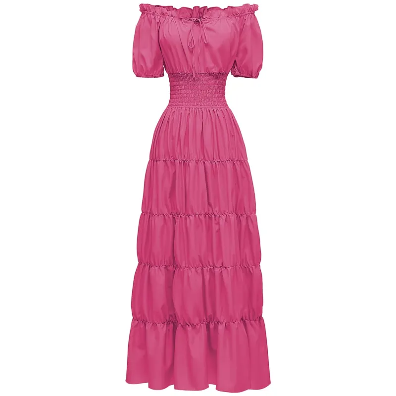 Elegant Medieval Renaissance Dress Boho Short Sleeves Off Shoulder Smocked Waist Retro Pleated Long Dress Costume Gown — image 10