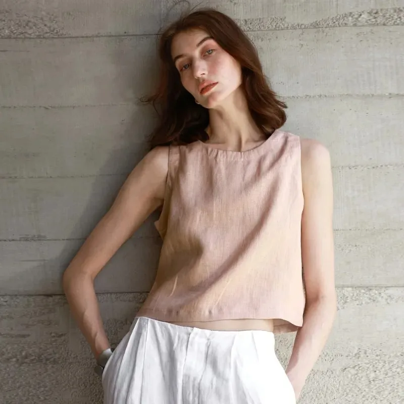 Chic Front And Back Two Wear Women Linen Tank Top 2026 Summer New Casual Short Loose 100% Linen Sleeveless Crop Tops — image 1