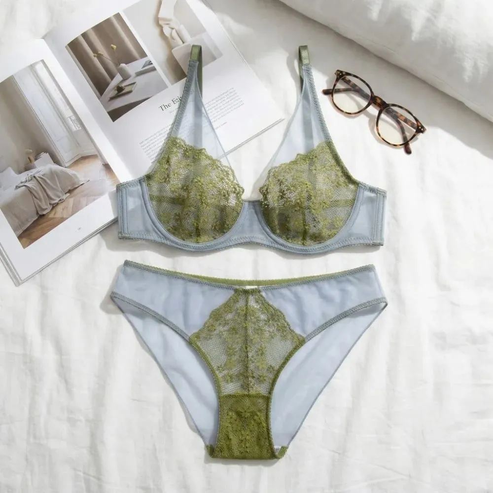 Mesh Lace Flower Bra Set Lingerie Brassiere Push Up Bra Women Thin Underwear Lace Floral Underpants Romantic Evenings