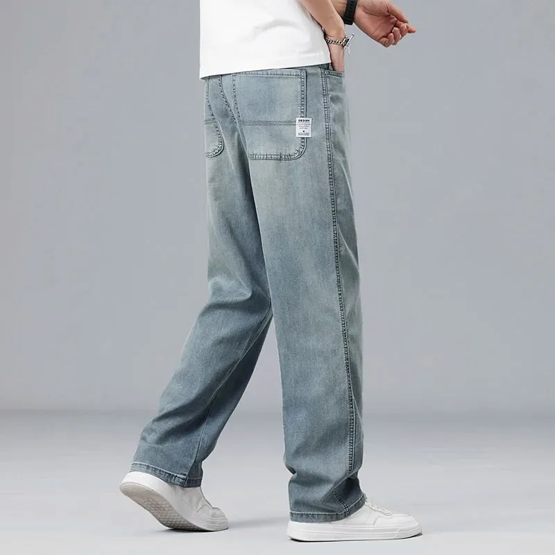 Summer Ultra-thin Lyocell Men's Jeans Drape Soft Fabric Loose Straight Casual Denim Pants Elastic Ice Silk Male Trousers — image 4