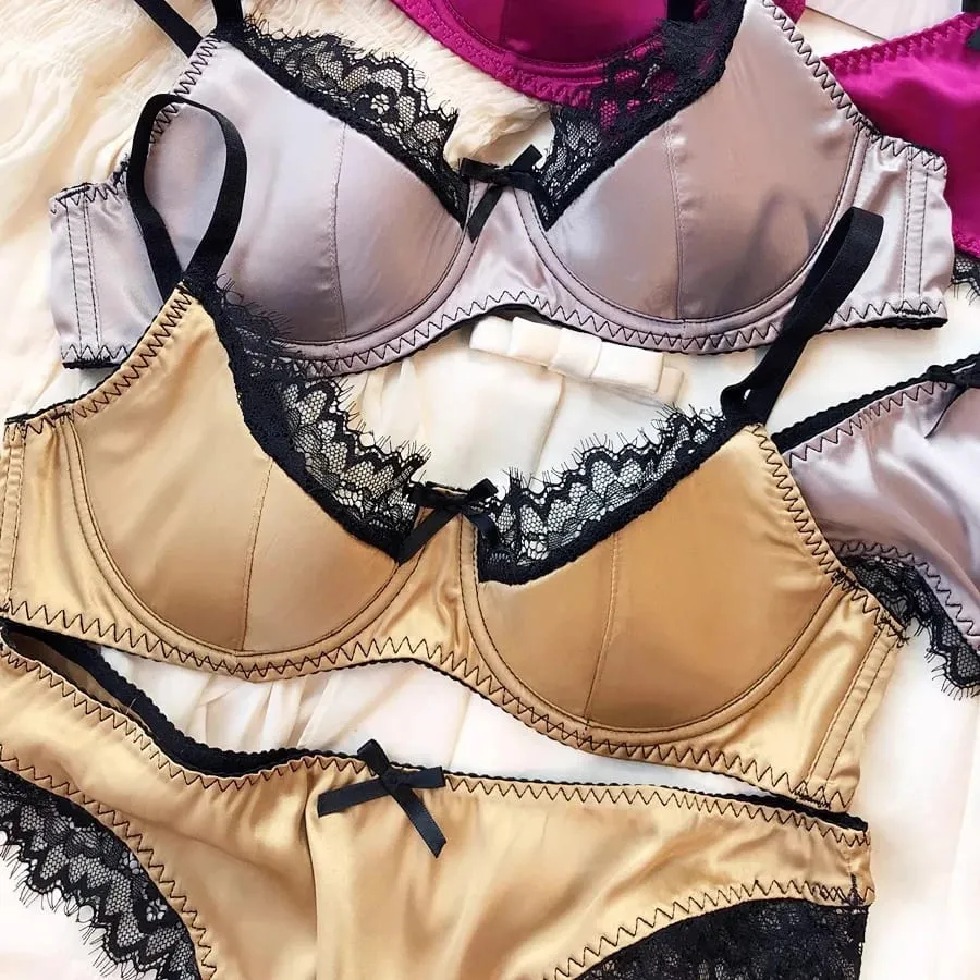 2025 Ny sexig tunn bomullsspets patchwork-bh-set kvinnor push up-samla sexiga underkläder Trosor Satin Underkläder Flickor Intimates — image 2