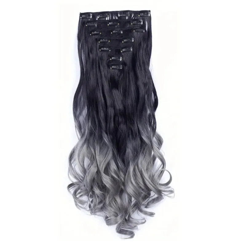 Clip in Hair Extensions Ombre Color Synthetic 7pcs Set Wavy Curly Hairpieces Black to Purple For Women Girls — image 15