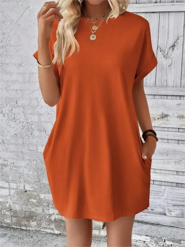 Fashion Boho Resort Style Beach Dresses For Women 2024 New Summer Solid Color O Neck Loose Short Sleeve Pocket Mini Dress Femme — image 1