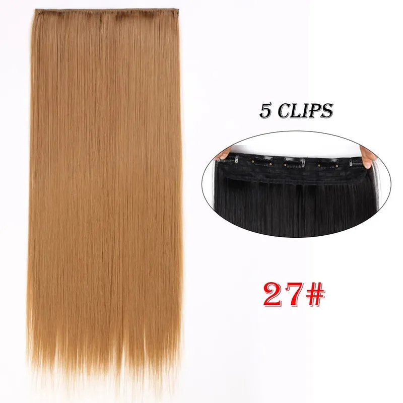 One Piece Clip In Hair Extensions 24" Straight Thick Synthetic Clip In Hairpieces Highlights Black Brown Soft For Women Daily