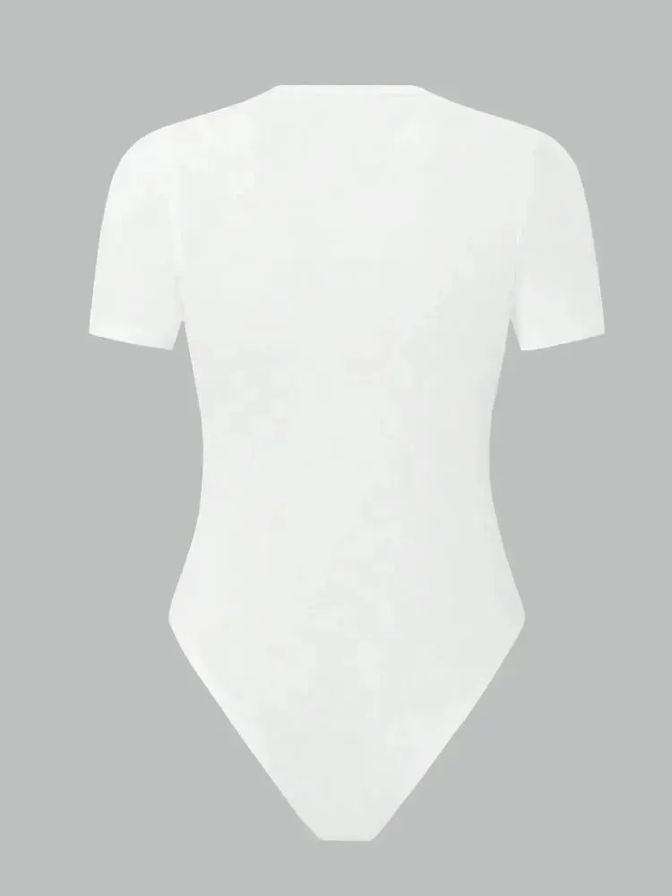 Solid Basic Short Sleeve Bodysuit for Women Summer Round Neck Bodycon Romper Bodysuit Blouse Streetwear — image 3