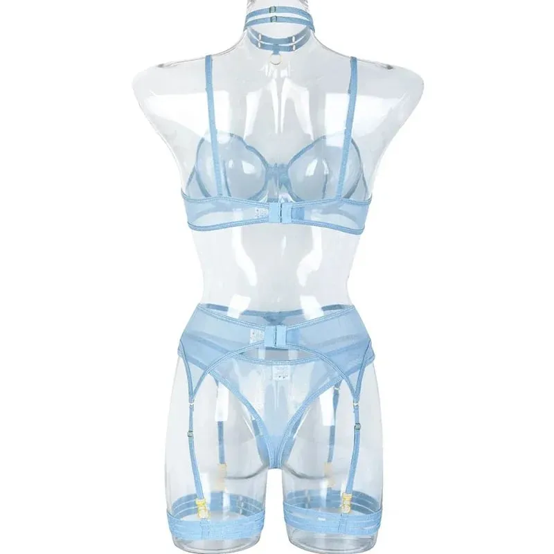 3pcs Ladies Sexy Solid Sensual Lingerie Set Mesh Underwear Women Push Up Bra Garters Brief Sets Transparent Blue Bra — image 6