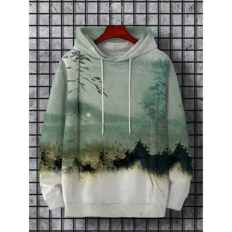 Fuji Mountain Lake Scenery Black Cat Graphic Hoodie Men Pullover Hooded Sweatshirt