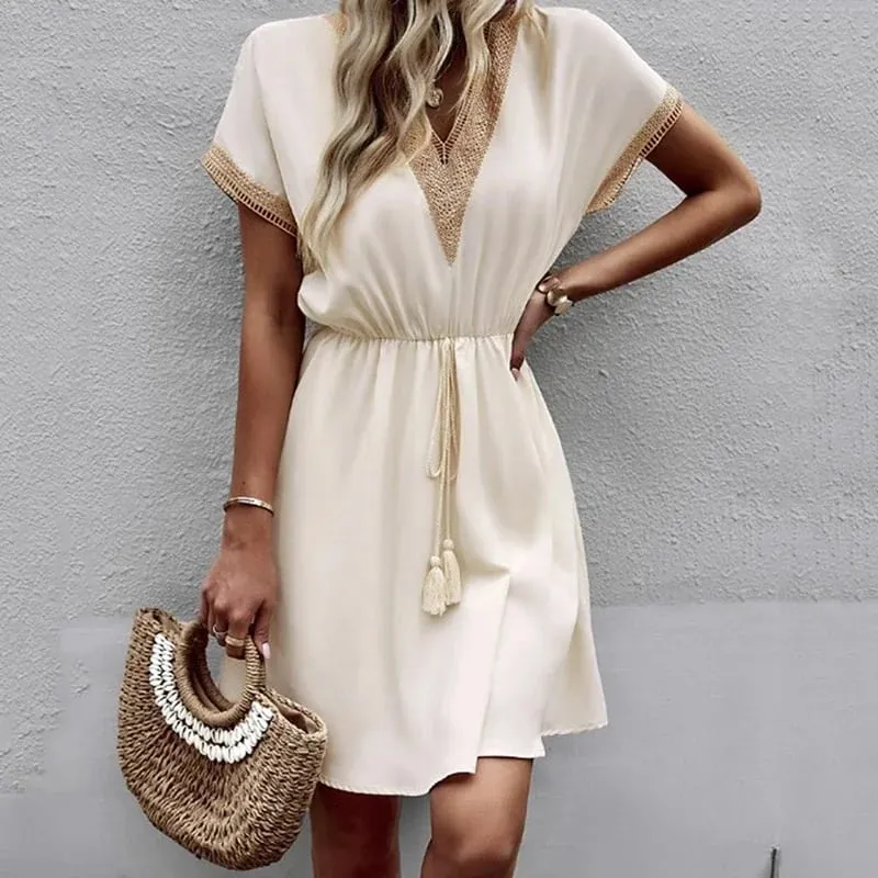 Summer Solid Short Sleeve Lace V Neck Waistband Female Beach Midi Short Dress Elegant Women's Sweet White Solid Color Dresses — image 6