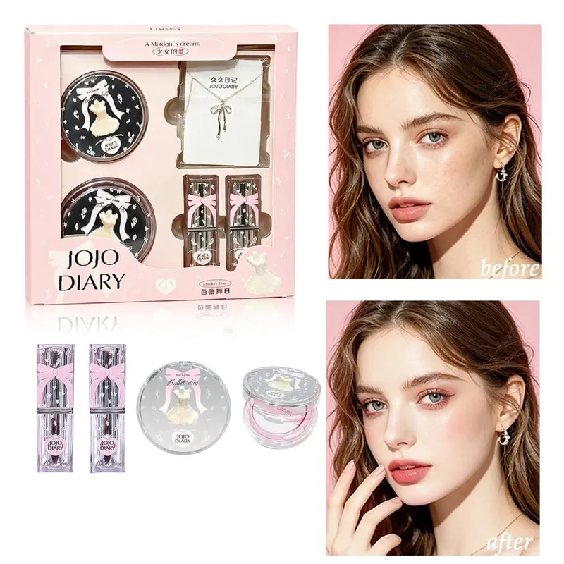 Ballet Day Makeup Gift Set All-in-One Cosmetic Kit with Blush & Lipsticks Bow Necklace Cute Pink Box