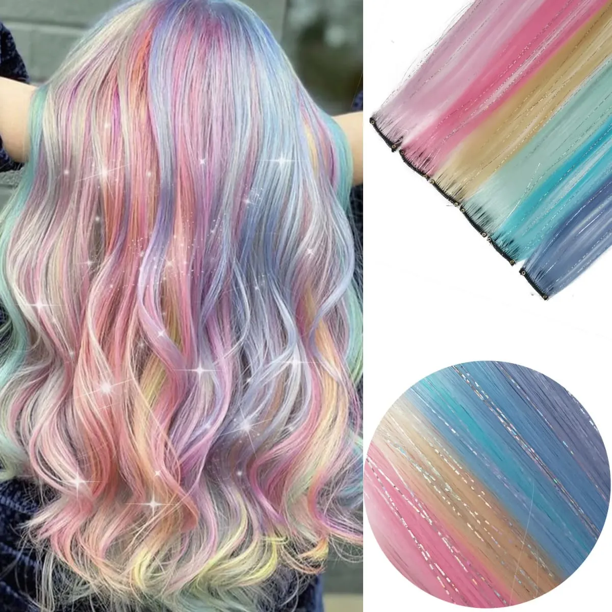 6pcs/pack Colored Party Highlights Clip in Hair Extensions 22 inches Multi-colors Straight Hair Synthetic Hairpieces
